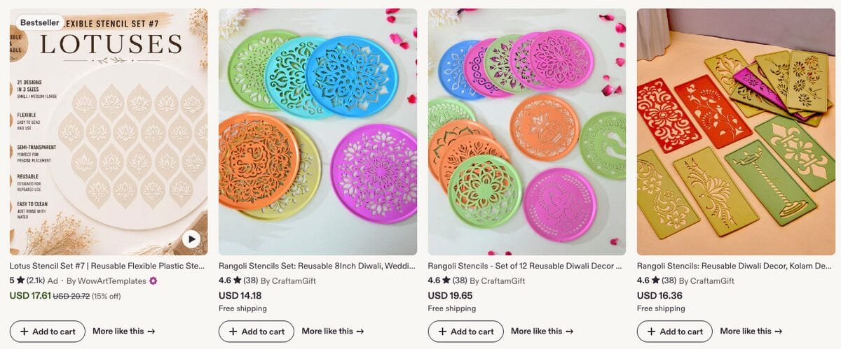 Reusable Rangoli Stencil Sets, one of the best Diwali dropshipping products