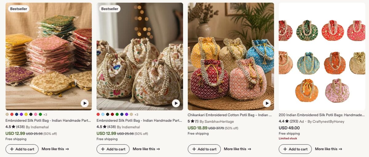 Embroidered Potli Gift Bags, one of the best Diwali dropshipping products