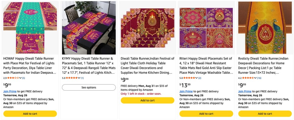 Festive Table Runner & Placemat Set, one of the best Diwali dropshipping products
