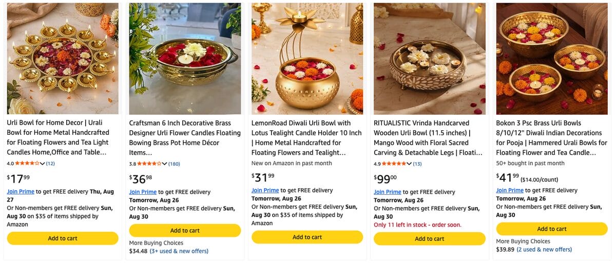 Decorative Urli Bowl With Floating Décor, one of the best Diwali dropshipping products