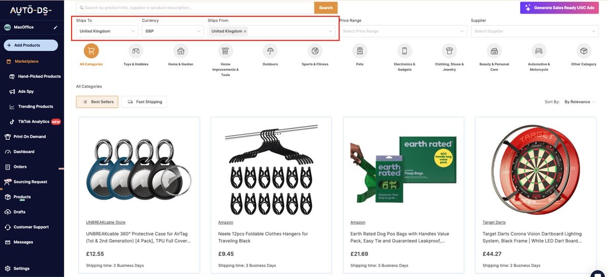 AutoDS's Marketplace for eBay UK dropshipping