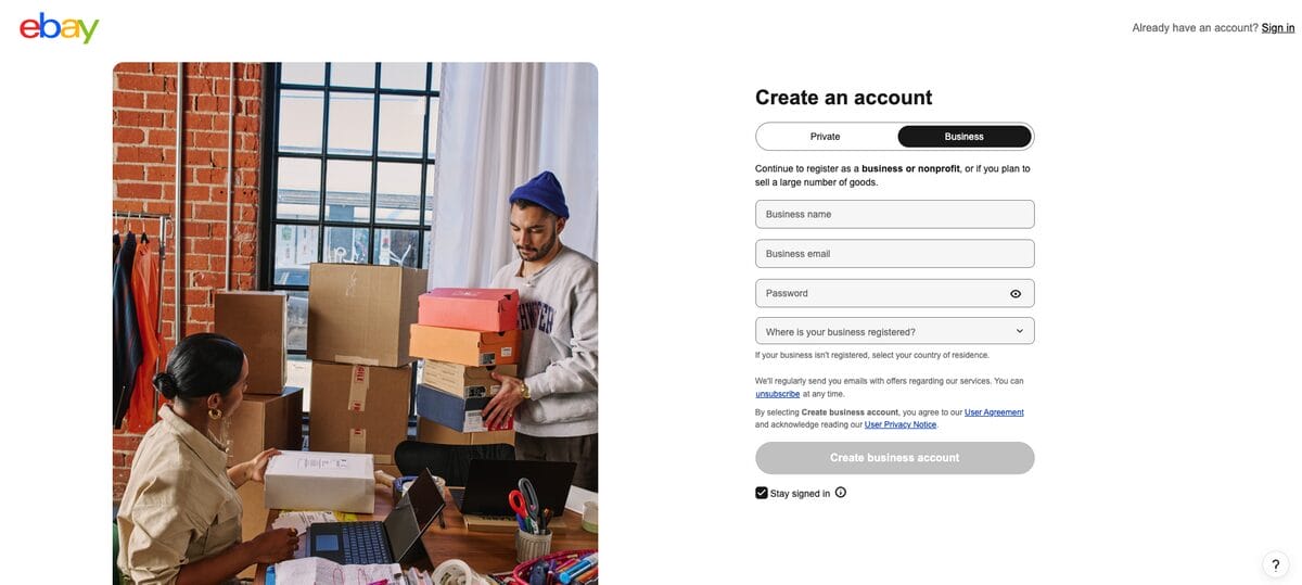 Create business account on eBay UK account for dropshipping