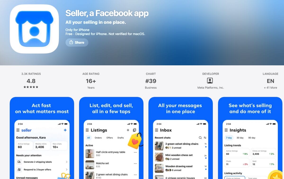 Facebook Marketplace Seller app on the App Store