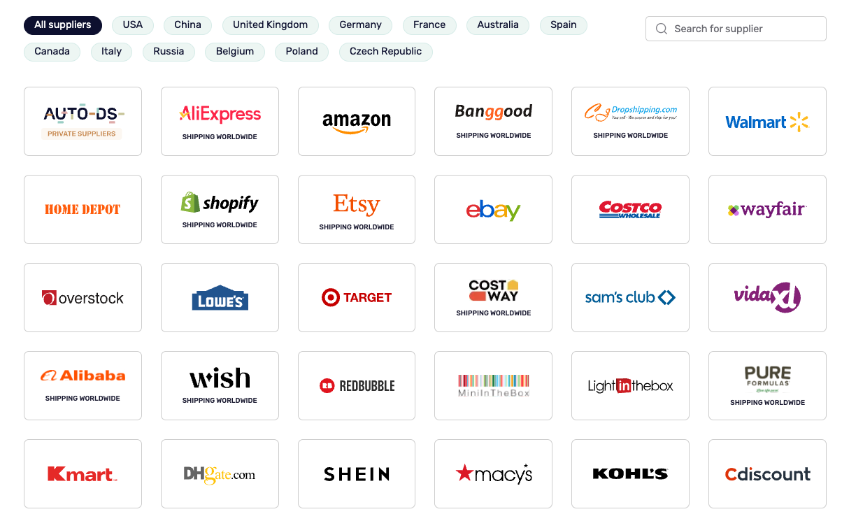 AutoDS's supported suppliers for sourcing diwali dropshipping products