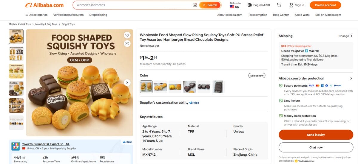 AliBaba Squishy Toys listing