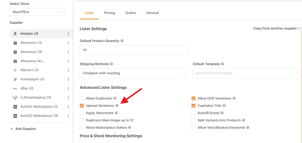 Upload product variations AutoDS