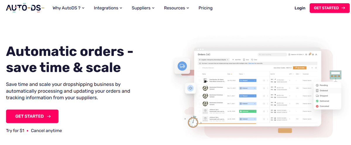 AutoDS automatic tracking orders updates for dropshipping