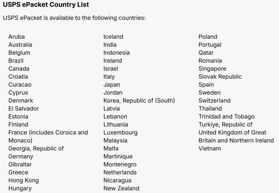 Countries that support ePacket according to USPS
