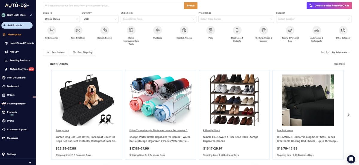 AutoDS Marketplace to find top etsy dropshipping suppliers