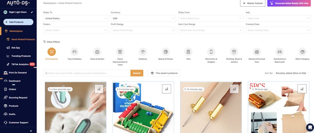 AutoDS Hand-picked products section for Facebook dropshipping
