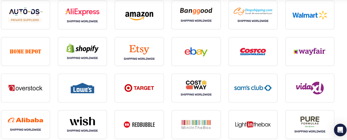AutoDS list of suppliers to dropship on Facebook Marketplace