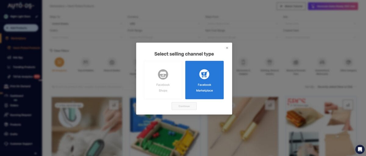 AutoDS Facebook Marketplace store connection