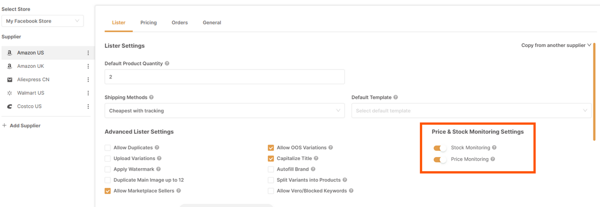 AutoDS price and stock monitoring for Facebook Marketplace dropshipping