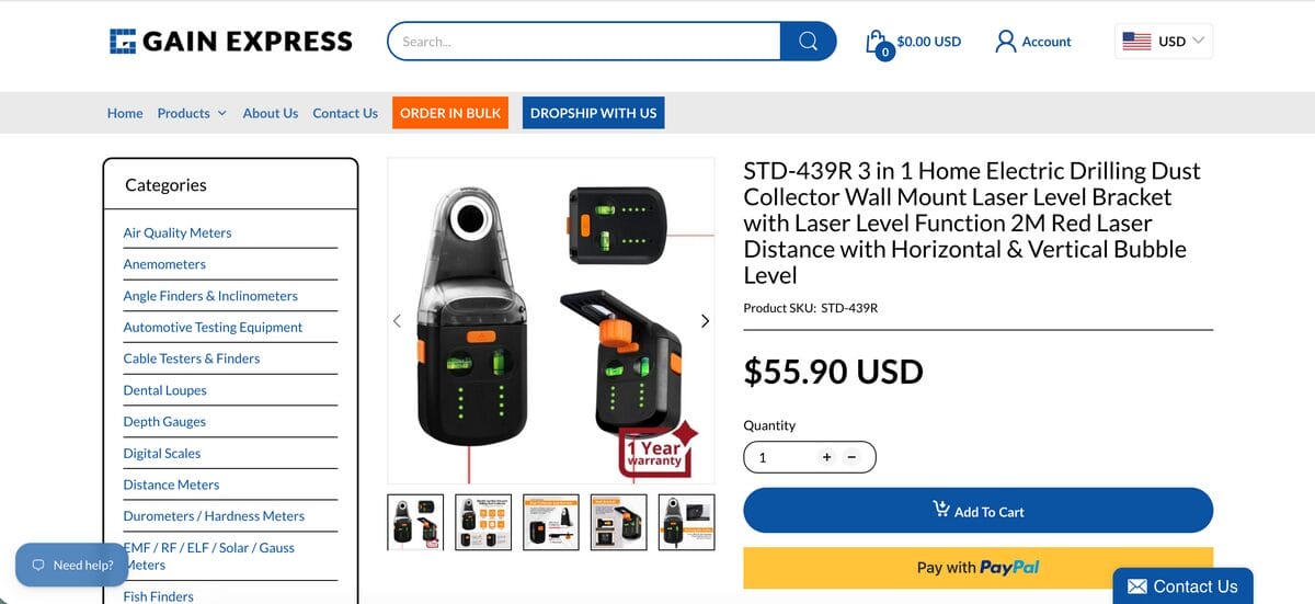 Seller's website review for 4-in-1 Laser Level & Drill Dust Collector