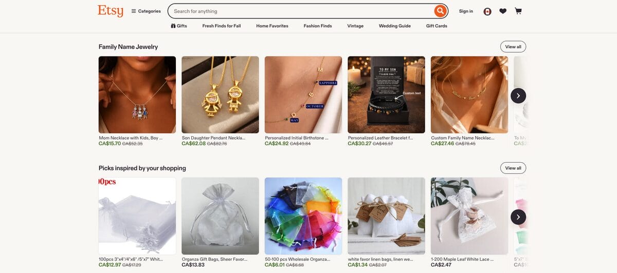 Etsy Canada, one of the best Canadian dropshipping suppliers