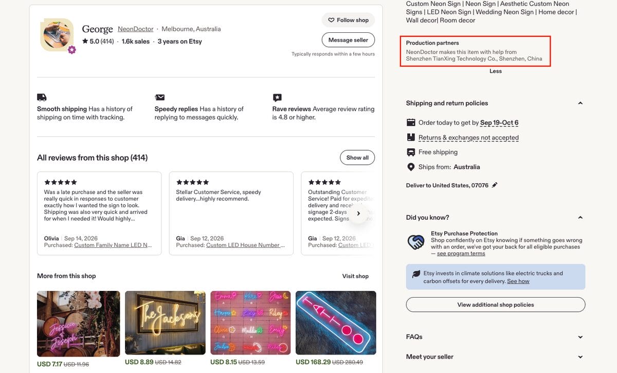 Example of a disclosed production partner for Etsy dropshipping