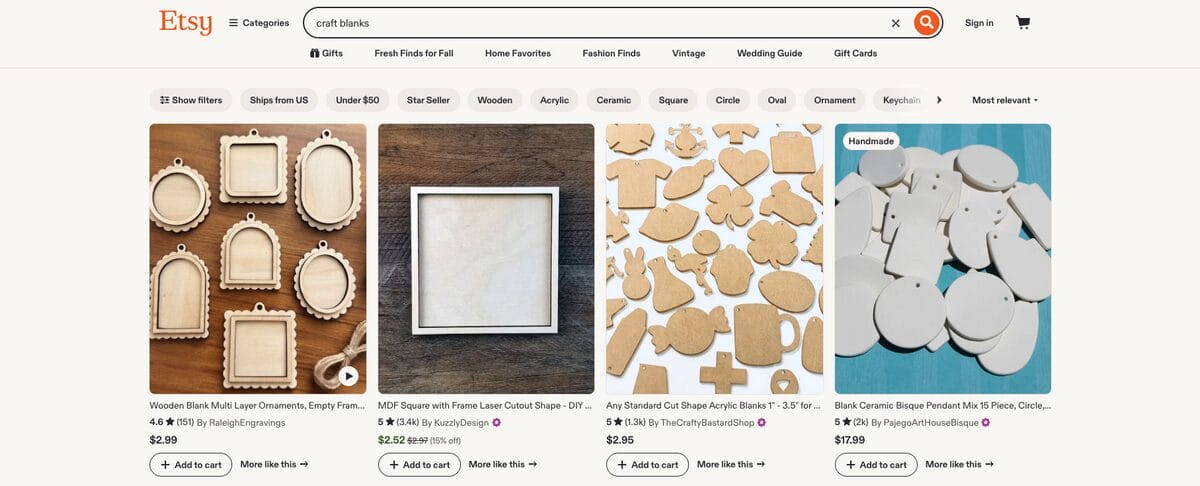 Craft blanks for Etsy dropshipping