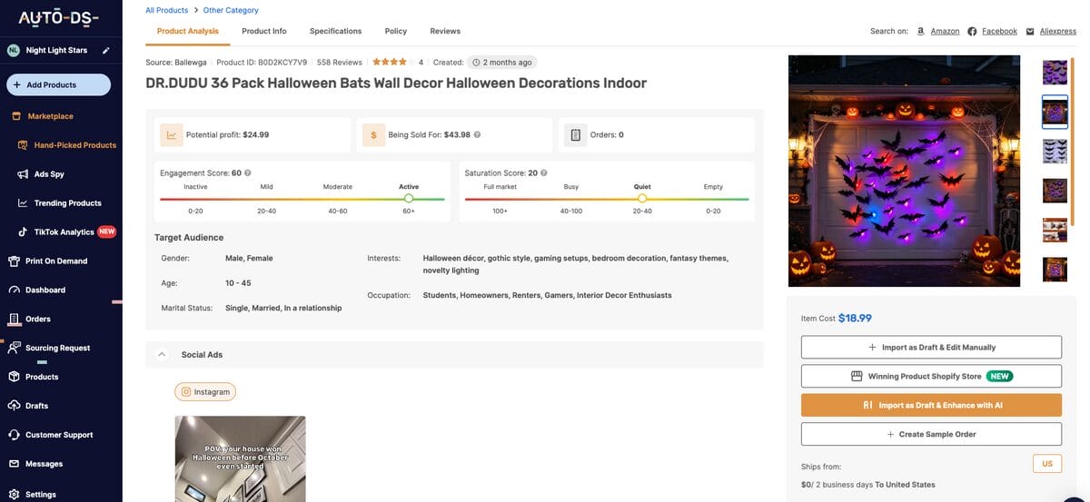 36-Pack Halloween Bat Wall Decorations, one of the best Halloween dropshipping products