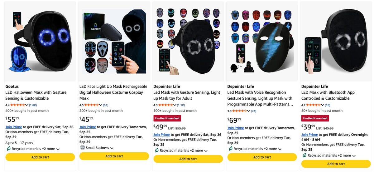 LED Face Masks with Customizable Displays, one of the best Halloween dropshipping products