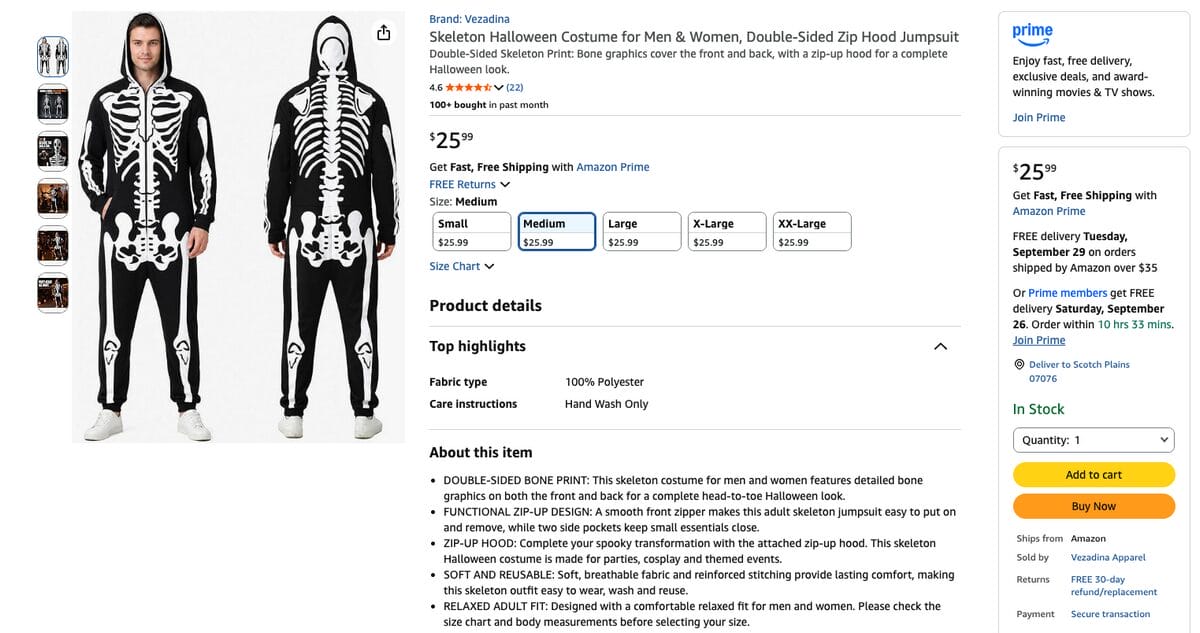 Skeleton costume, one of the best Halloween dropshipping products