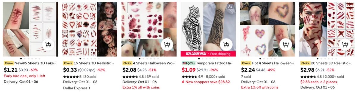 Fake Scars & Stitches Tattoo Sheet, one of the best Halloween dropshipping products