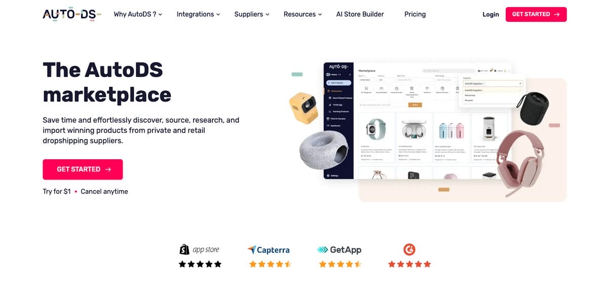 AutoDS Marketplace for finding UK dropshipping suppliers
