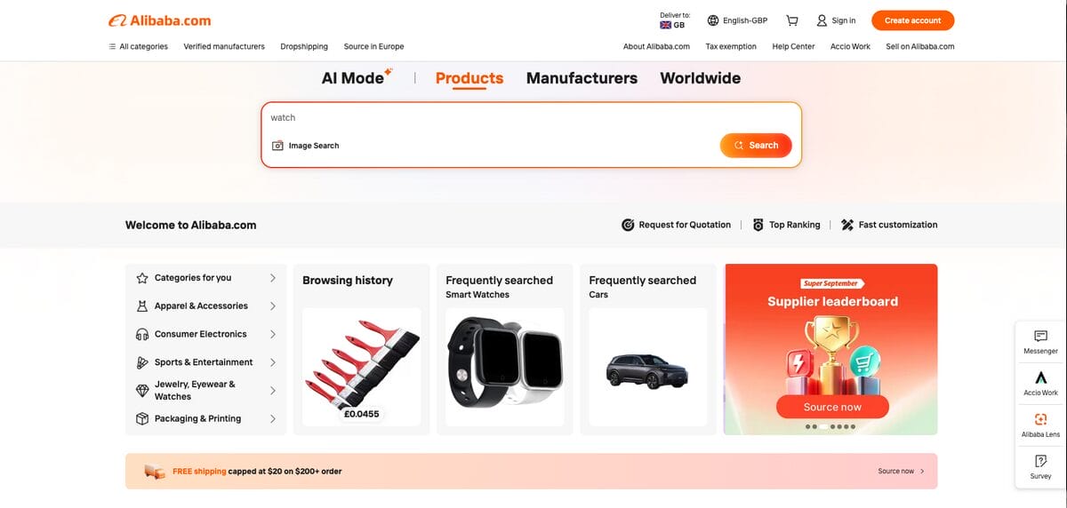 Alibaba for finding UK dropshipping suppliers