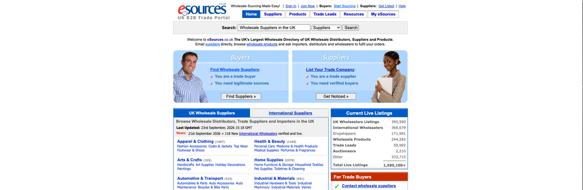 eSources UK for finding UK dropshipping suppliers