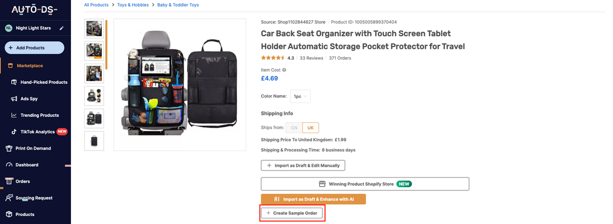 Creating a sample order in AutoDS from UK dropshipping suppliers
