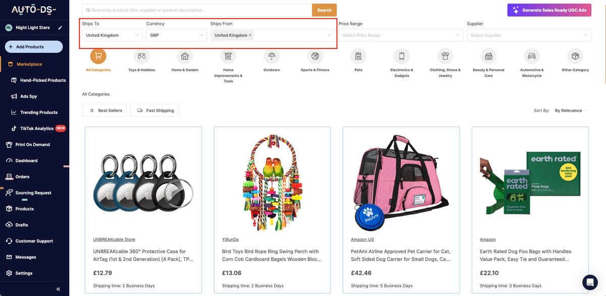 AutoDS Marketplace shipping location and destination filters for finding UK dropshipping suppliers