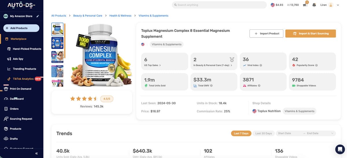 Magnesium Complex Supplement Dropshipping On TikTok Shop