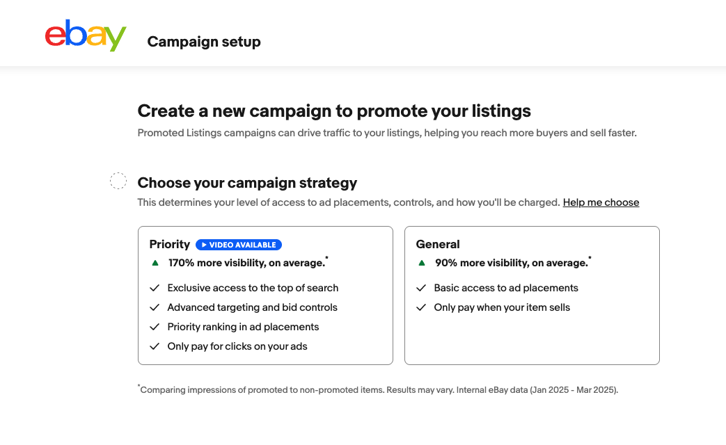 eBay Promoted Listings setup showing General and Priority campaign strategies