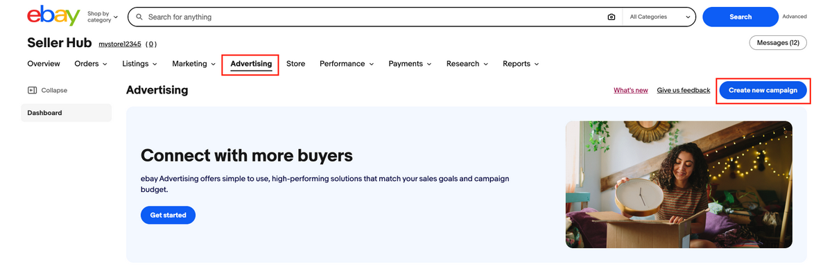Create a new advertising campaign from the eBay Seller hub to promote eBay listings