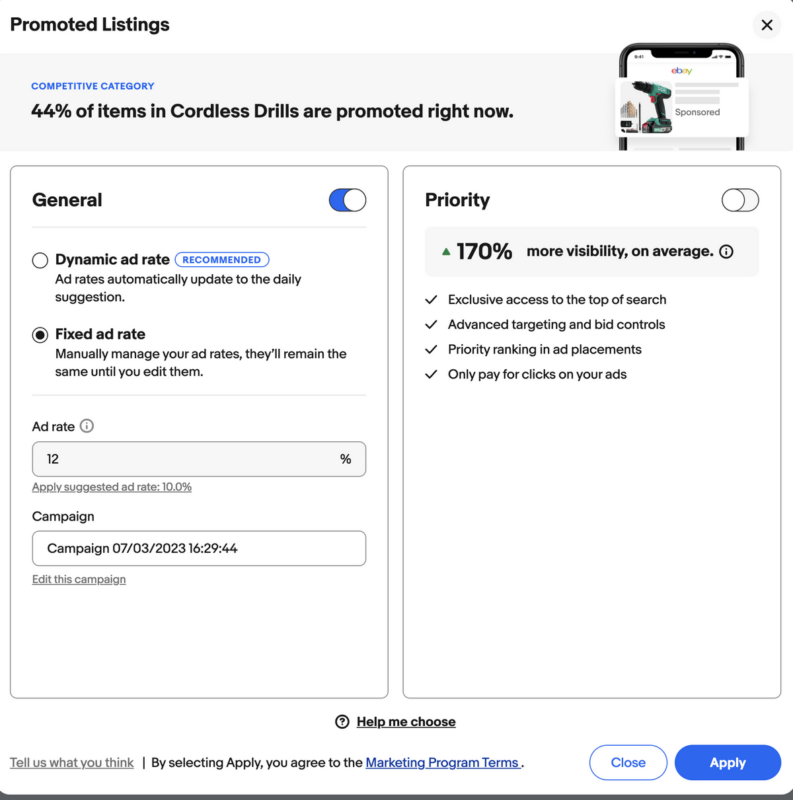 Configure eBay promoted listing settings for General and Priority campaigns