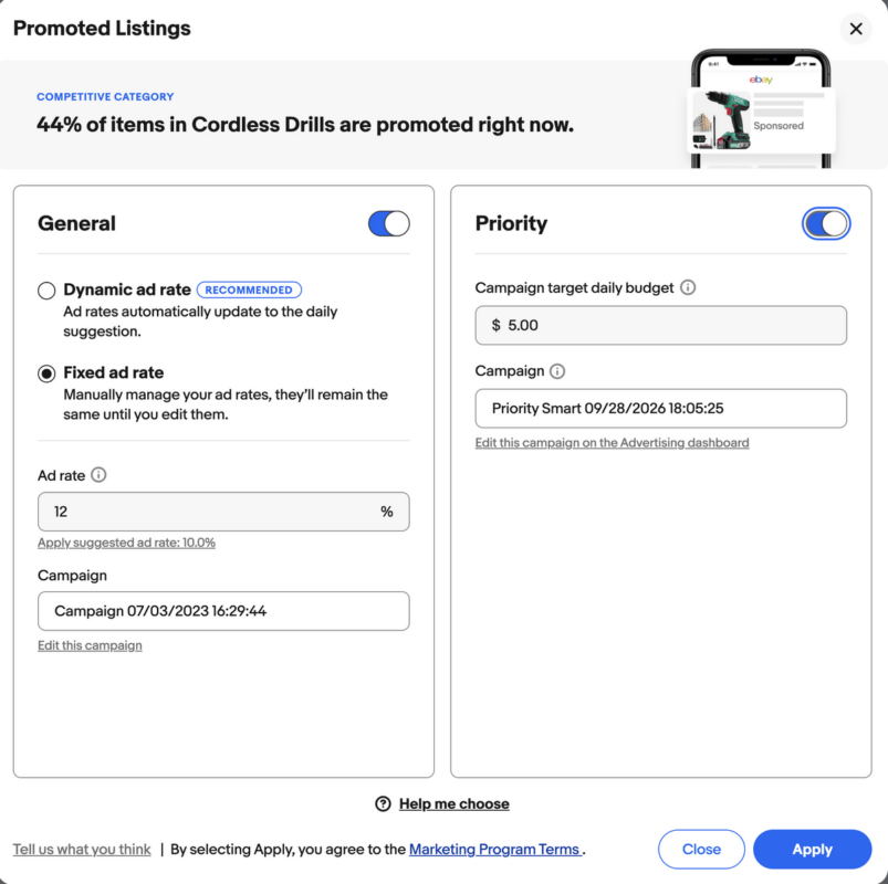 Set a budget for eBay promoted listing when using Priority campaigns