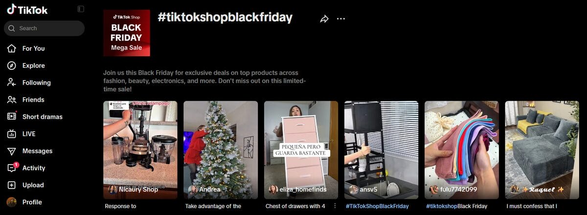 TikTok screenshot showcasing results for "#BlackFriday"