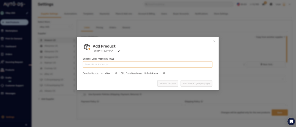AutoDS product importing methods for eBay dropshipping