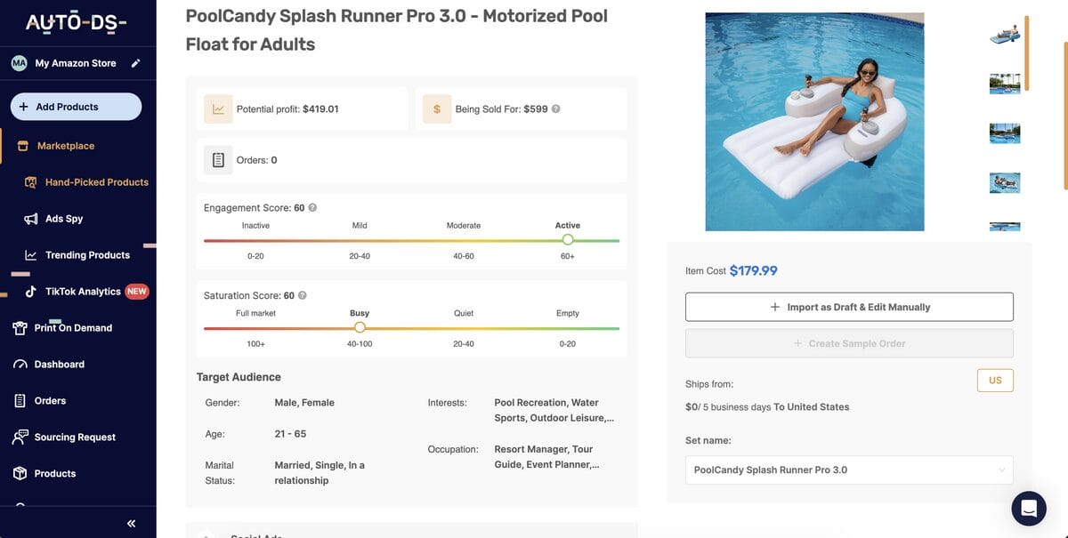 AutoDS's product research tools for reinvesting after starting dropshipping with no money