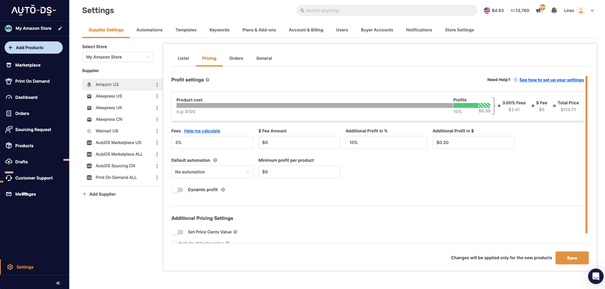 Automatic price optimization settings on AutoDS for dropshipping on Amazon