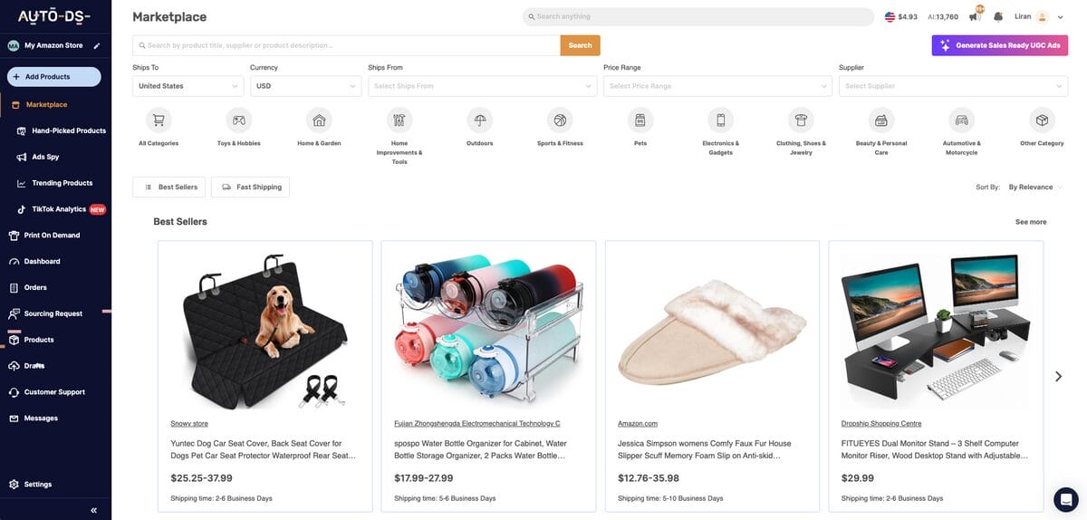 AutoDS Marketplace for product research and dropshipping on Amazon