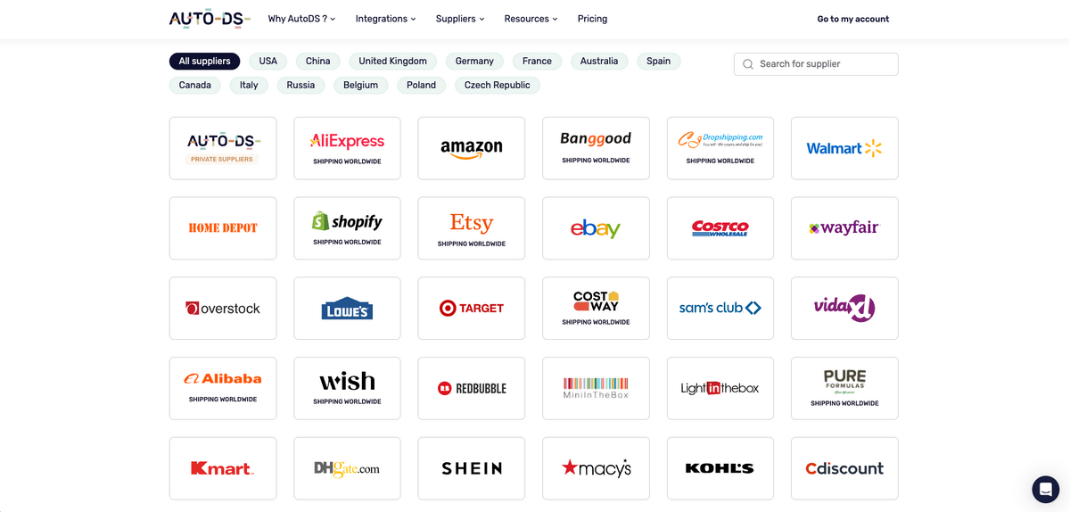 AutoDS's supported dropshipping suppliers
