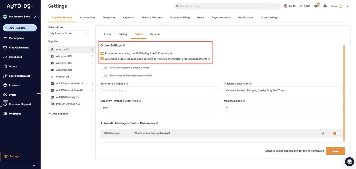 Enable automatic order fulfillment on AutoDS for dropshipping on Amazon