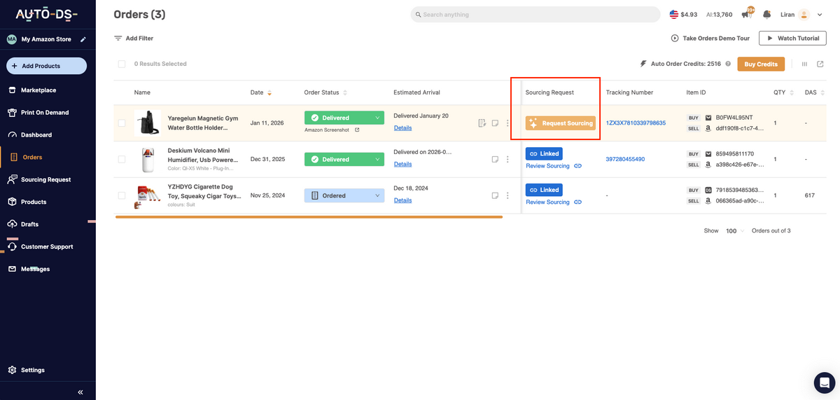 AutoDS's sourcing request for dropshipping on Amazon