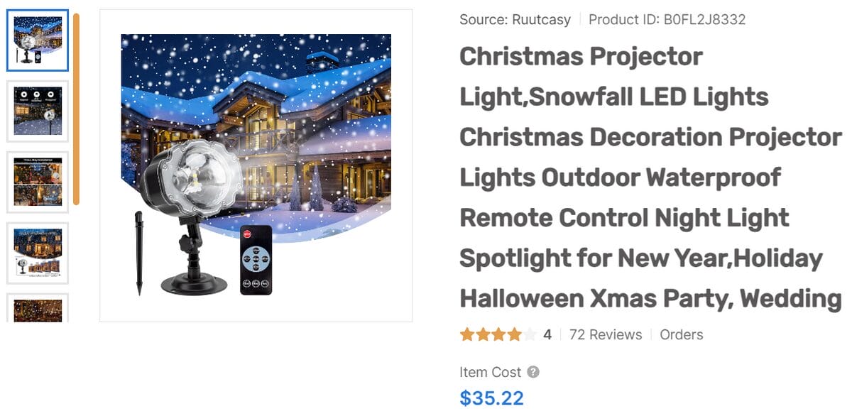 AutoDS product page showcasing LED snowfall projector lights for Christmas decorations