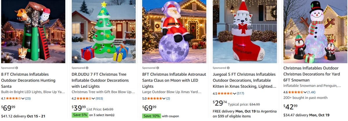 Amazon search results showcasing outdoor Christmas inflatables