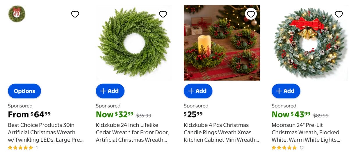 Walmart product list showcasing artificial Christmas wreaths