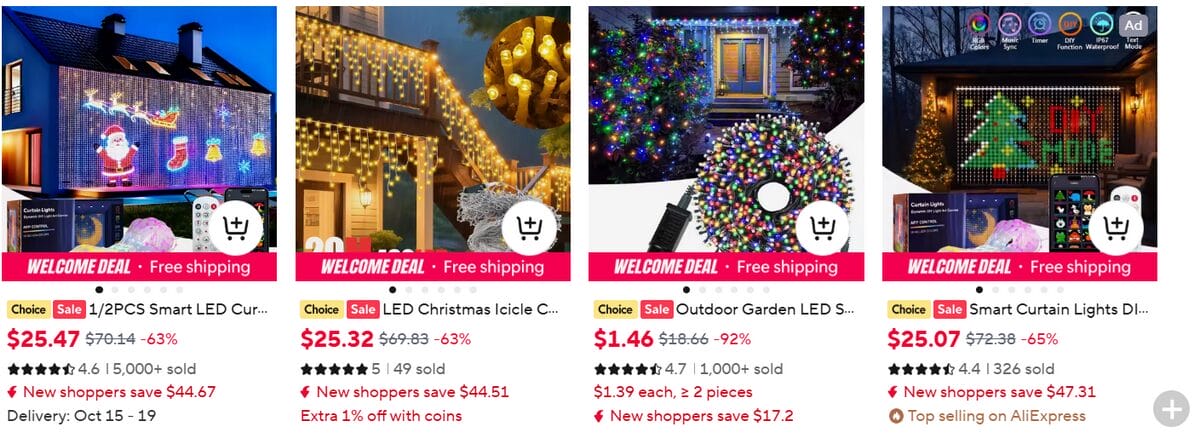 AliExpress search results showcasing outdoor LED Christmas lights products