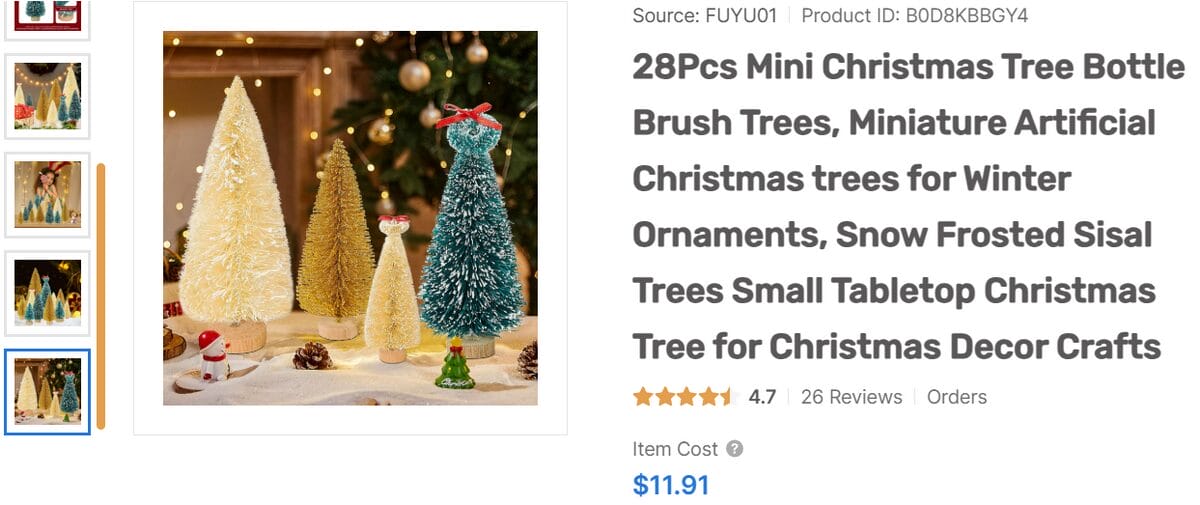 AutoDS product page of miniature artificial Christmas trees