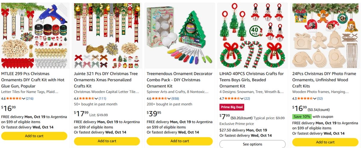 Amazon search results showcasing DIY Christmas ornament and craft kits