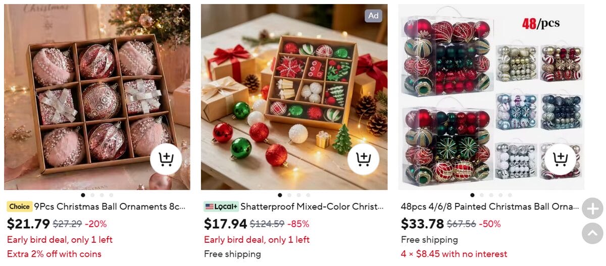 AliExpress caption of the catalog of Christmas ball ornament sets